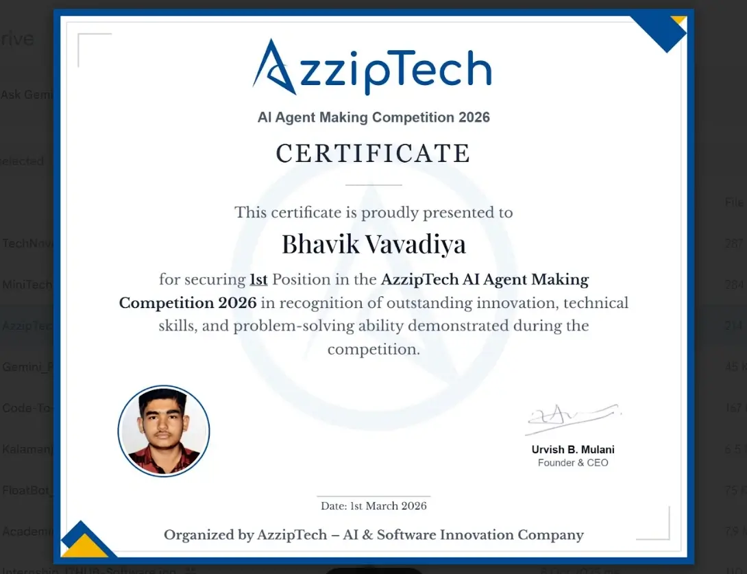 First Prize certificate for AI Agent Making Competition