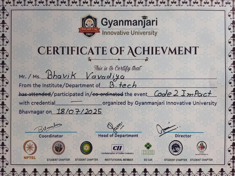 Achievement certificate for Code 2 Impact