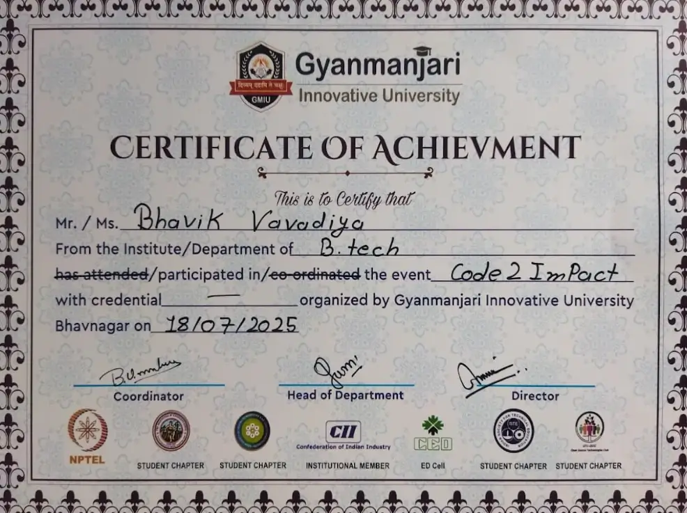 Achievement certificate for Code 2 Impact