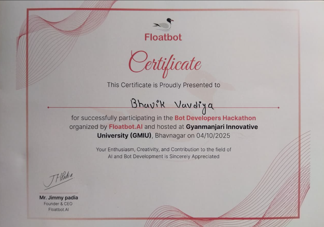 Participation Certificate for Floatbot Bot Developers Hackathon