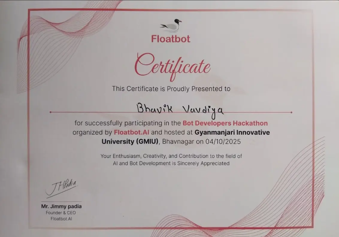 Participation Certificate for Floatbot Bot Developers Hackathon