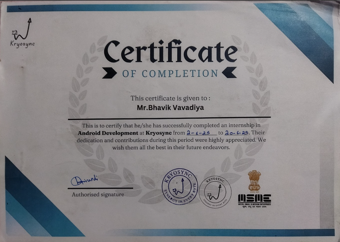 Internship Completion Certificate for Android Development