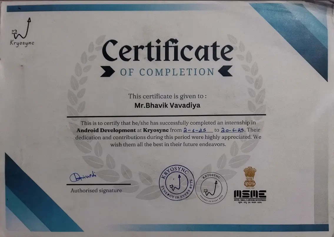 Internship Completion Certificate for Android Development