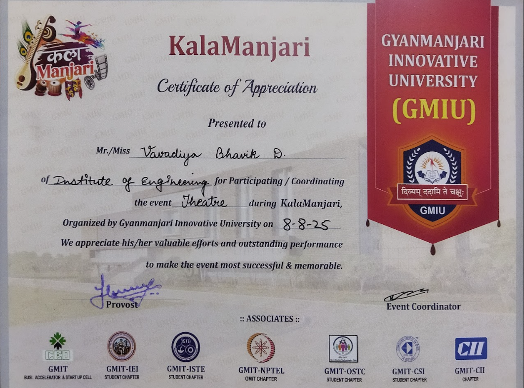 Appreciation certificate for Theatre at KalaManjari