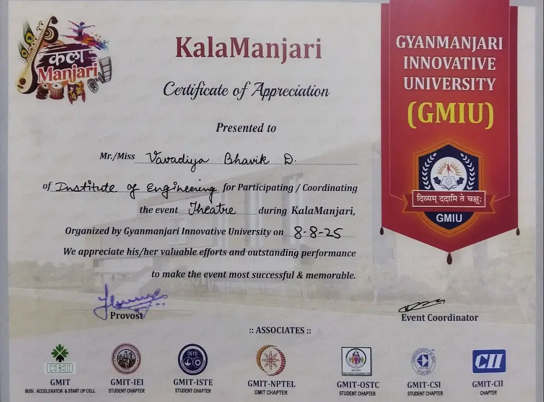 Appreciation certificate for Theatre at KalaManjari