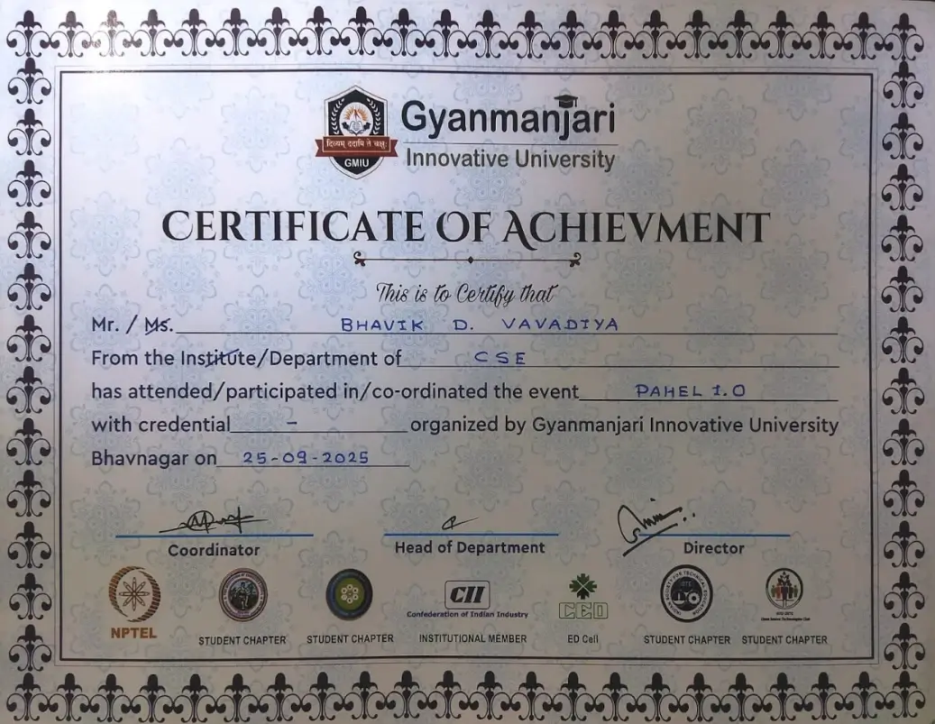 Achievement certificate for PAHEL 1.0