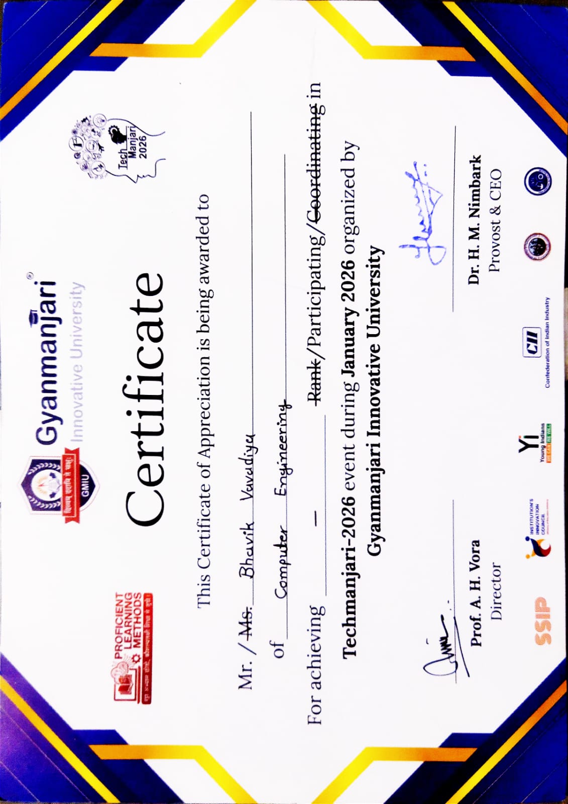 TechManjari 2K26 certificate for presenting the Rentify project