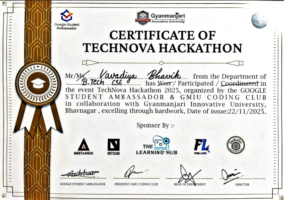 Certificate for TechNova Hackathon 2025