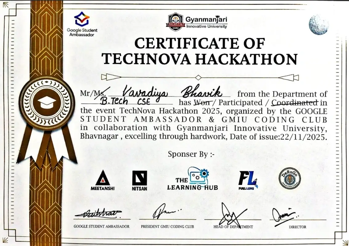 Certificate for TechNova Hackathon 2025