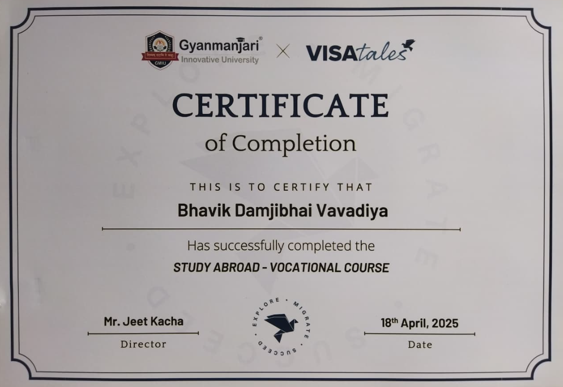 Completion certificate for Study Abroad Vocational Course