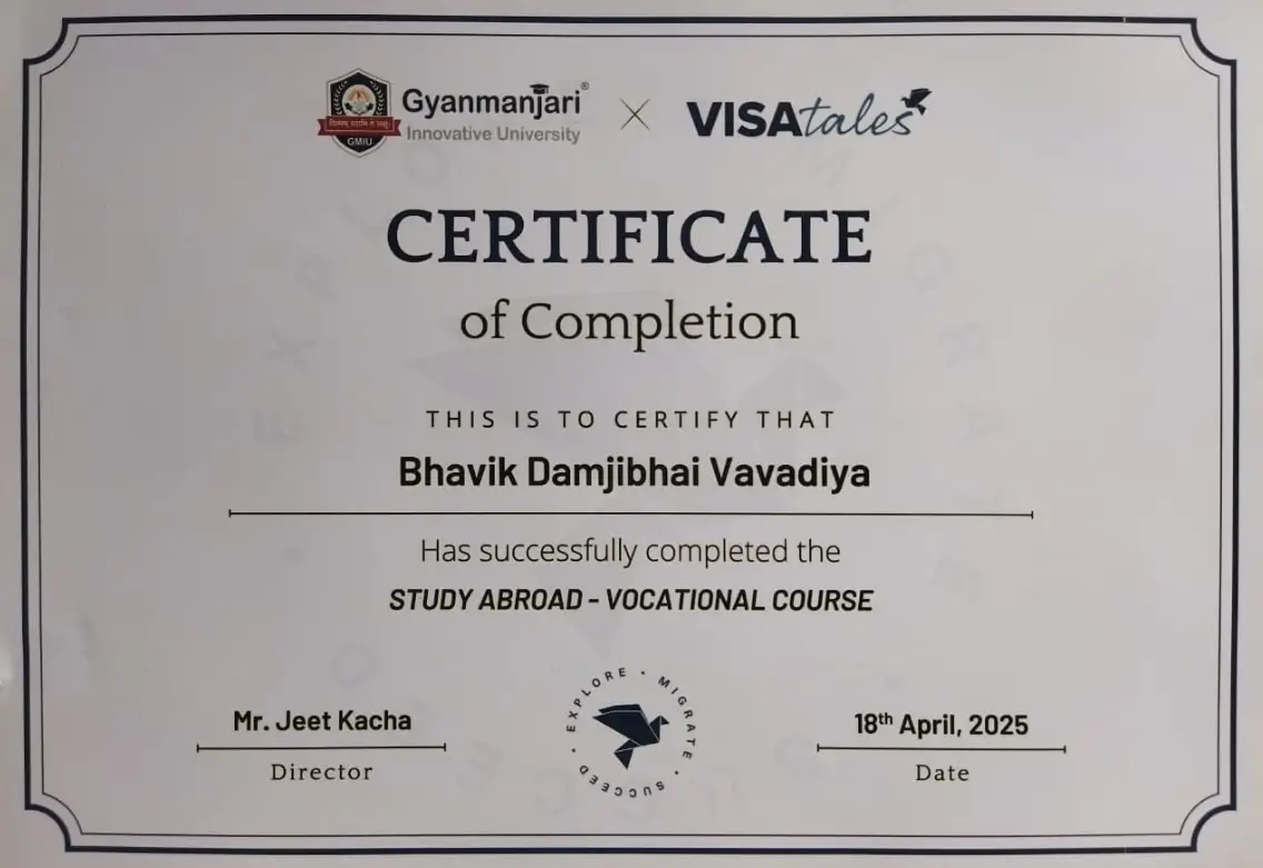 Completion certificate for Study Abroad Vocational Course