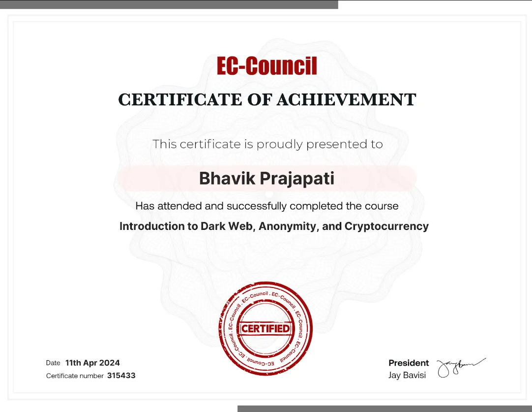 Certificate artwork for Intro. Dark web, Annonymity