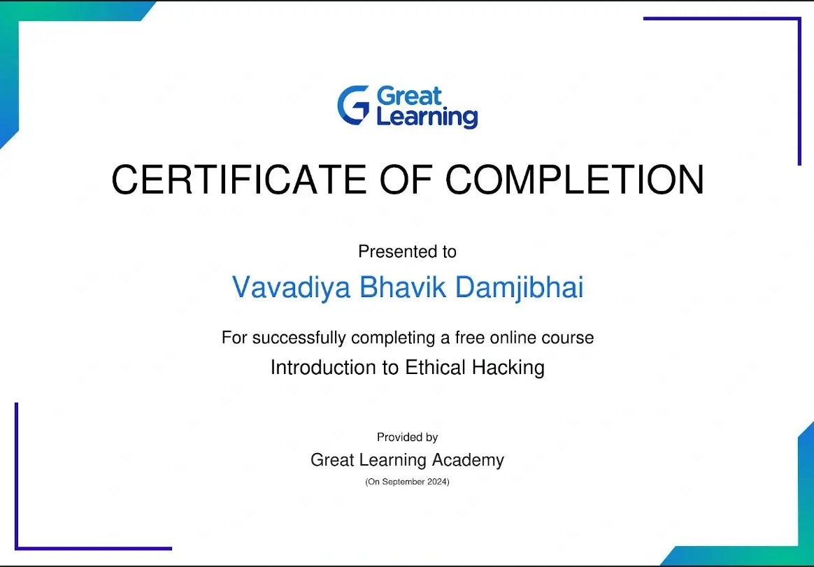Certificate artwork for Intro. Ethical Hacking